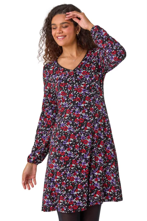 Roman Purple Floral Print Lace Trim Stretch Dress - 16 Image 1