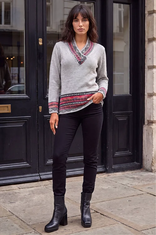 Roman Grey Nordic Print Button Detail V-Neck Jumper - 12 Image 2