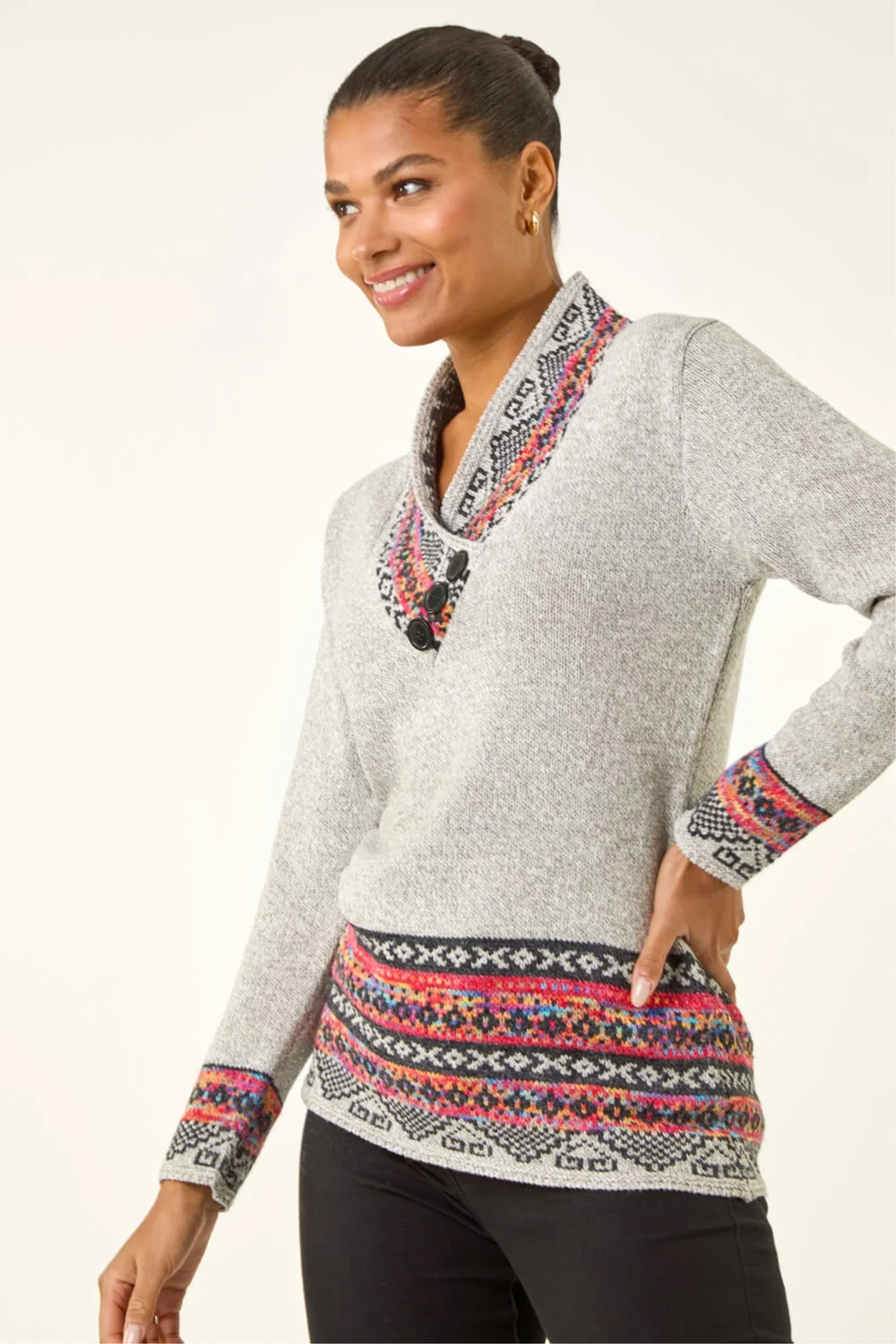 Roman Grey Nordic Print Button Detail Jumper - 12 Image 1