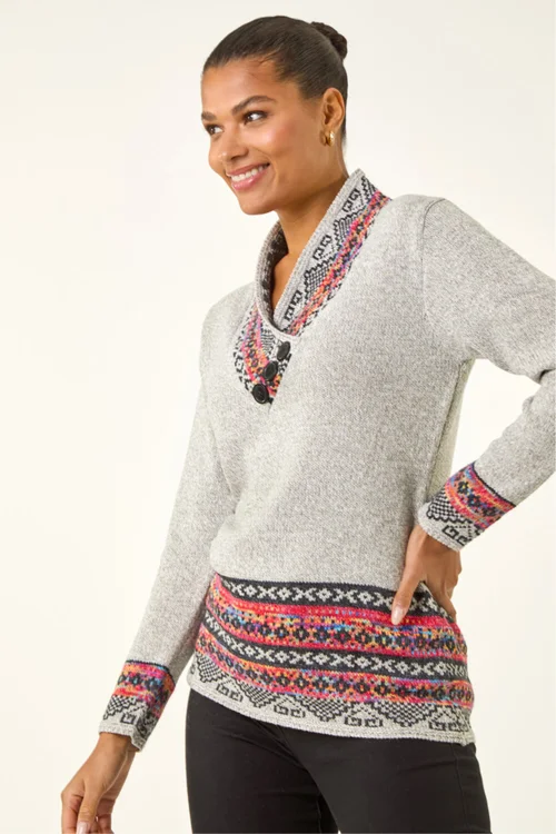 Roman Grey Nordic Print Button Detail Jumper - 12 Image 1