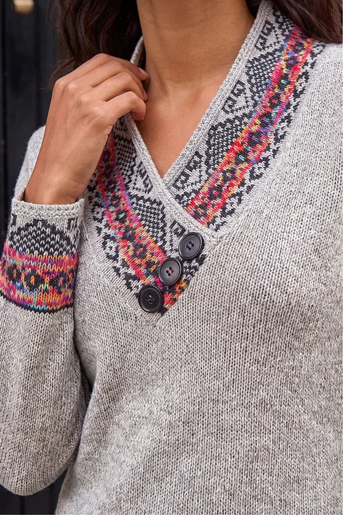 Roman Grey Nordic Print Button Detail V-Neck Jumper - 12 Image 4