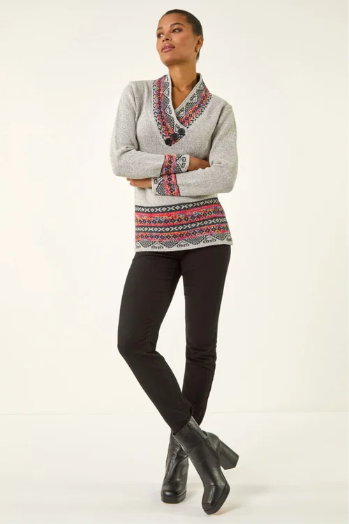 Roman Grey Nordic Print Button Detail Jumper - 12 Image 2