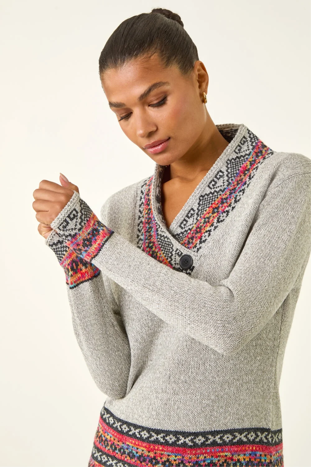 Roman Grey Nordic Print Button Detail Jumper - 12 Image 4
