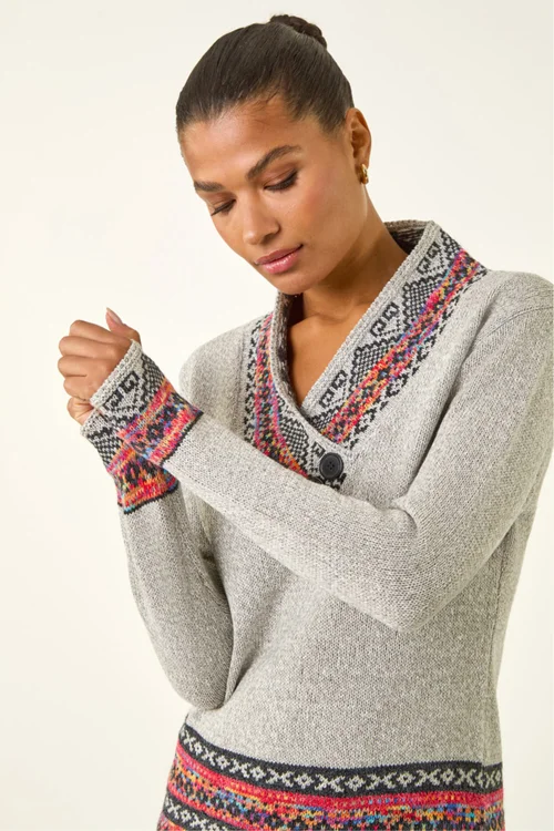 Roman Grey Nordic Print Button Detail Jumper - 12 Image 4