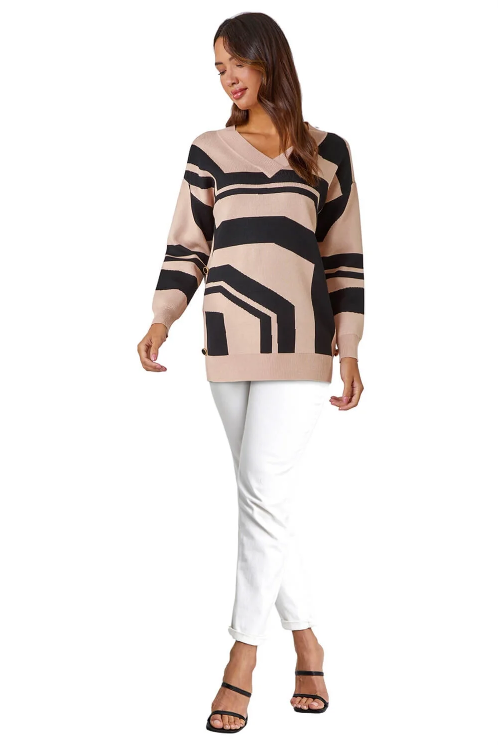 Roman Camel Abstract Print Button Detail Longline Jumper - Size 16 Image 2