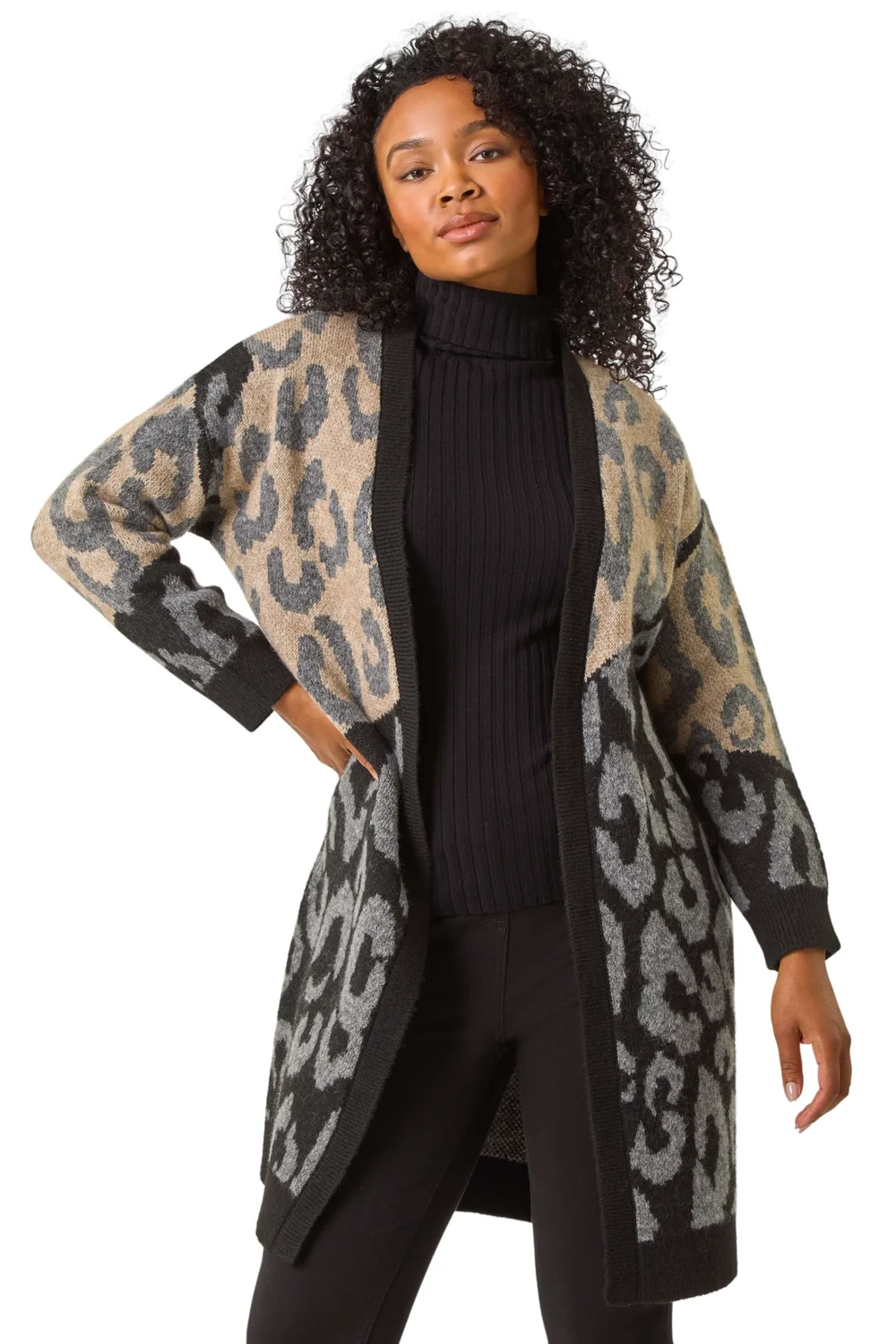 Roman Black Petite Animal Print Contrast Cardigan - 8 Image 1