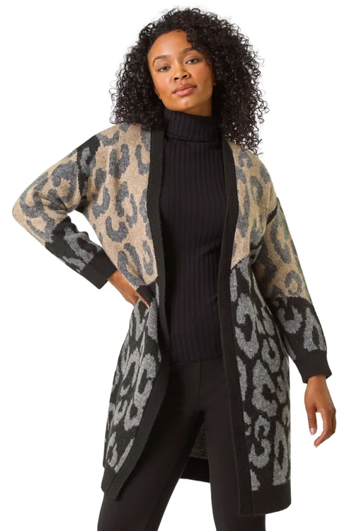 Roman Black Petite Animal Print Contrast Cardigan - 8 Image 1