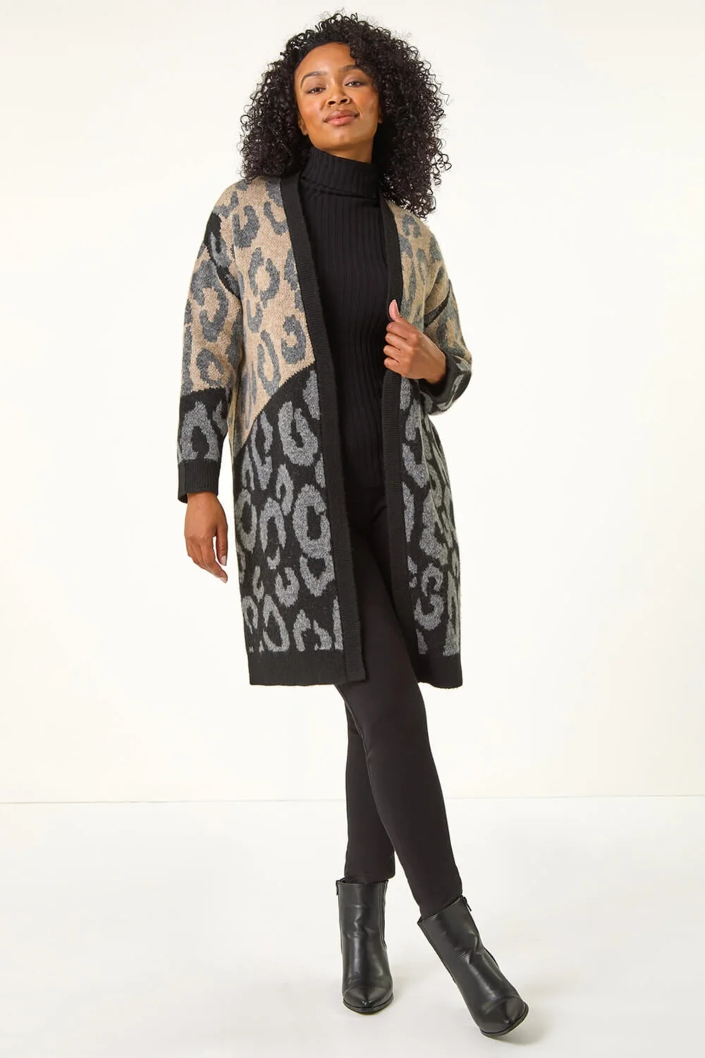 Roman Black Petite Animal Print Contrast Cardigan - 8 Image 3