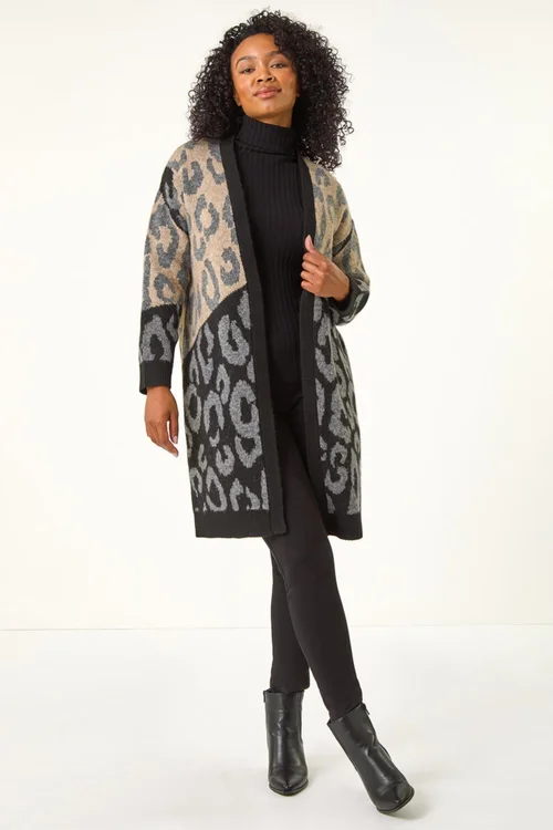 Roman Black Petite Animal Print Contrast Cardigan - 8 Image 3