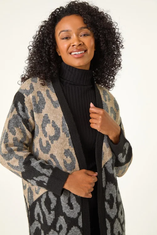 Roman Black Petite Animal Print Contrast Cardigan - 8 Image 2