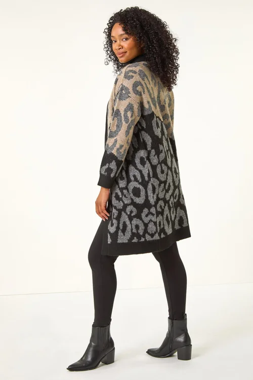 Roman Black Petite Animal Print Contrast Cardigan - 8 Image 4