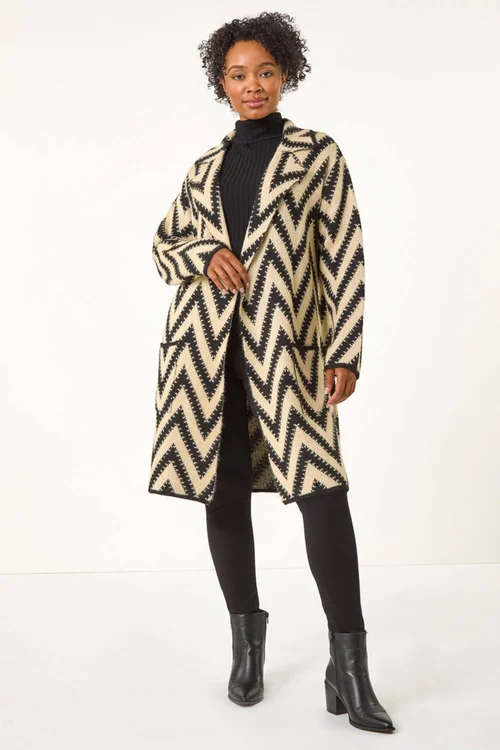 Roman Black Petite Chevron Print Pocket Knit Coatigan - 8 Image 2