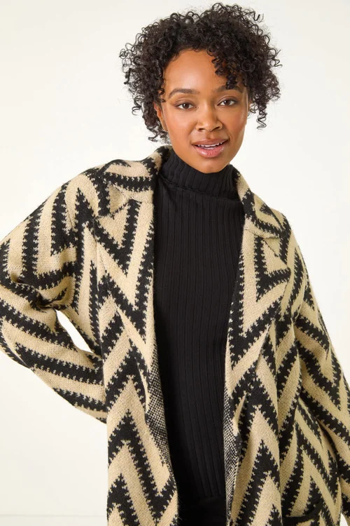Roman Black Petite Chevron Print Pocket Knit Coatigan - 8 Image 4