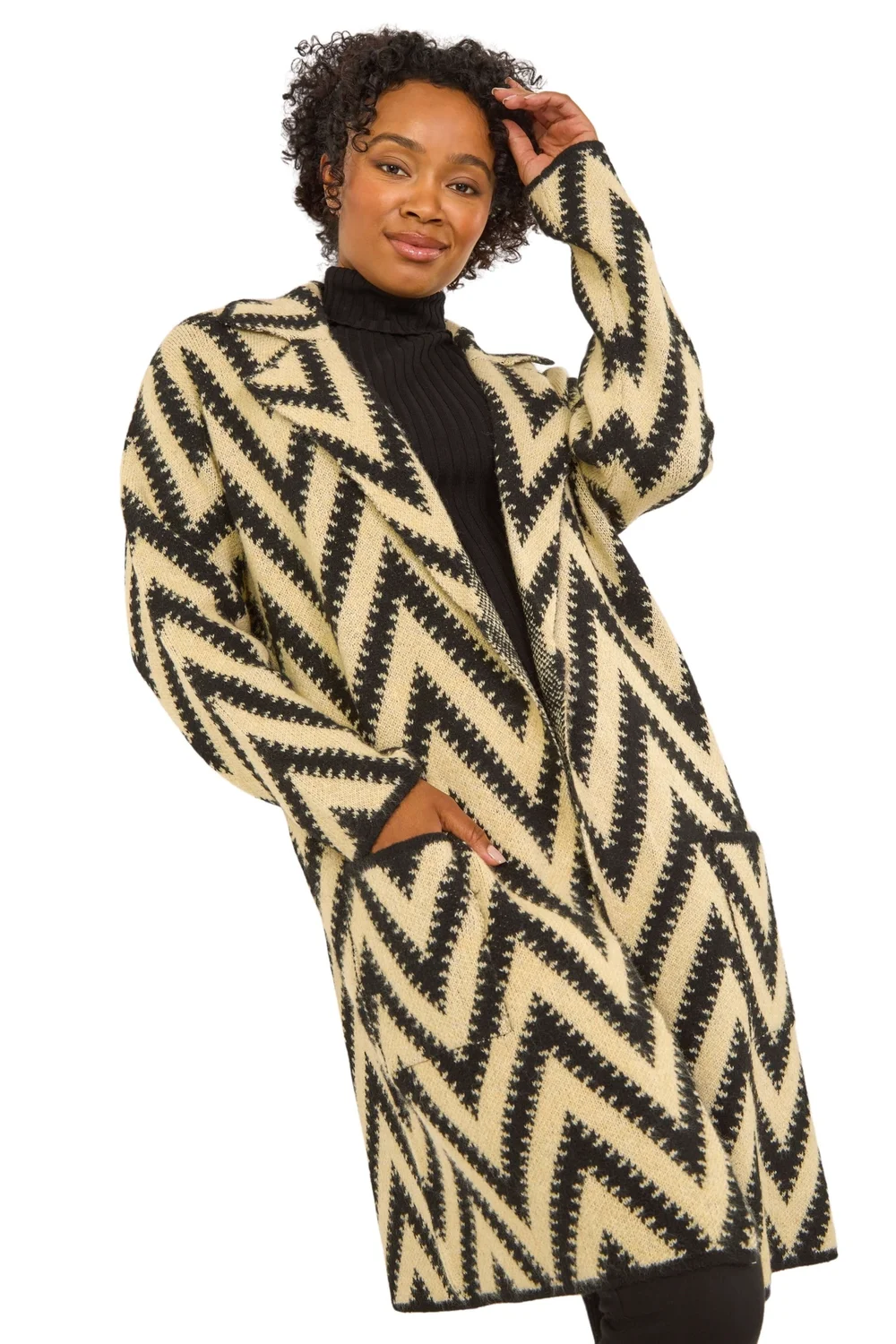 Roman Black Petite Chevron Print Pocket Knit Coatigan - 8 Image 1