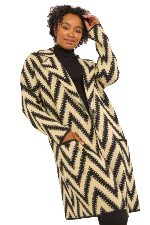 Roman Black Petite Chevron Print Pocket Knit Coatigan - 8 Image 1