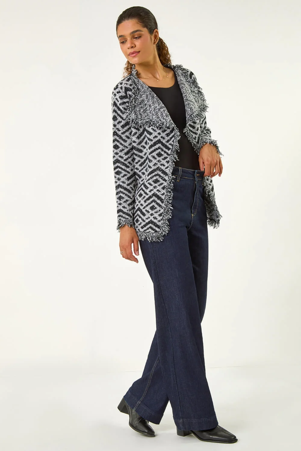 Roman Black Geometric Fringe Collared Cardigan - 10 Image 4