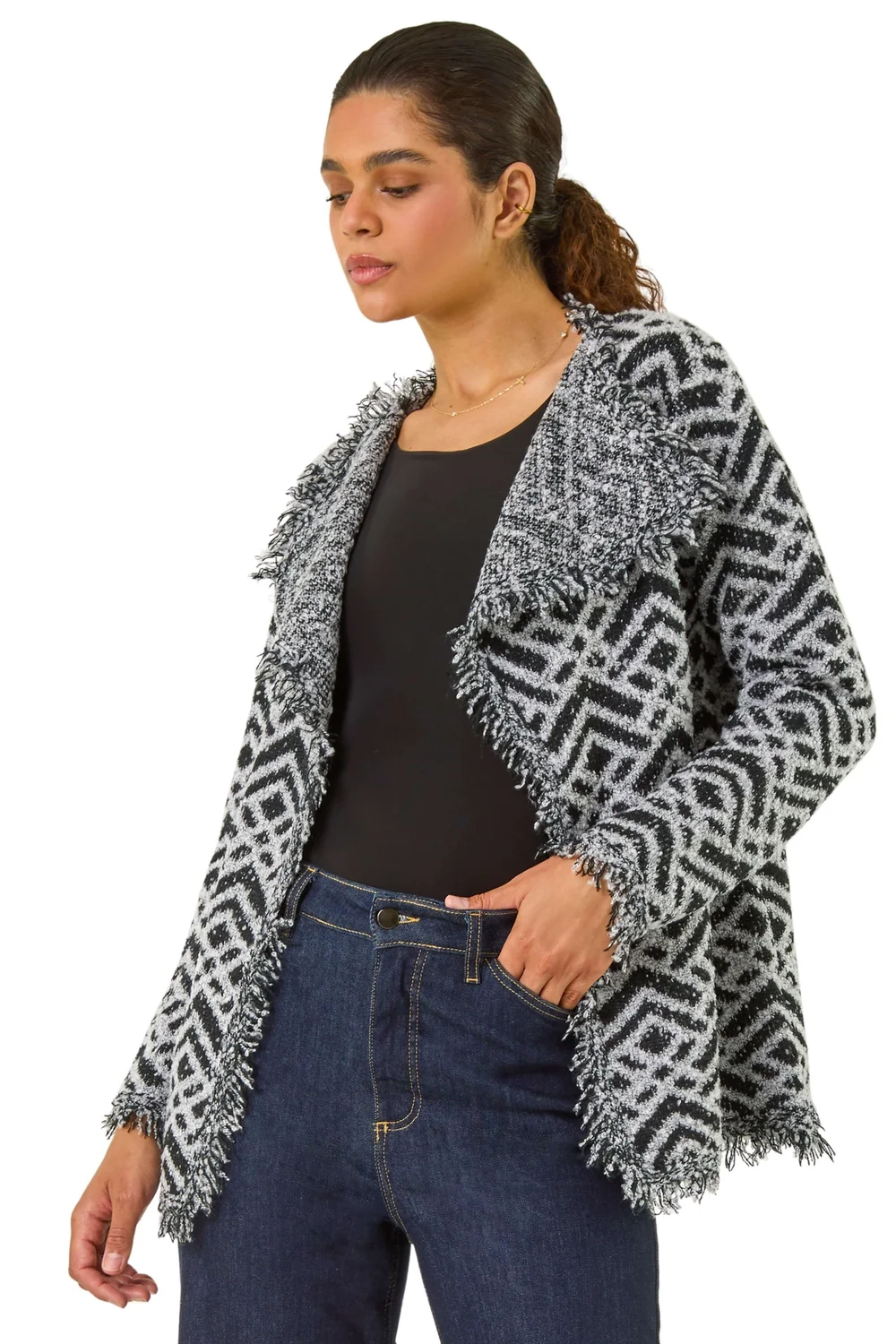 Roman Black Geometric Fringe Collared Cardigan - 10 Image 1