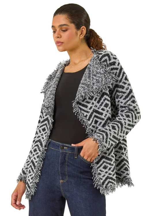 Roman Black Geometric Fringe Collared Cardigan - 10 Image 1