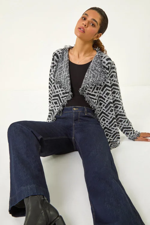 Roman Black Geometric Fringe Collared Cardigan - 10 Image 2