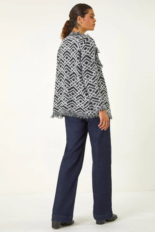Roman Black Geometric Fringe Collared Cardigan - 10 Image 3