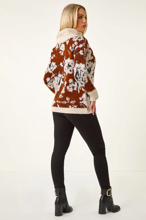 Roman Rust Petite Floral Print Roll Neck Jumper - Size 12 Image 4