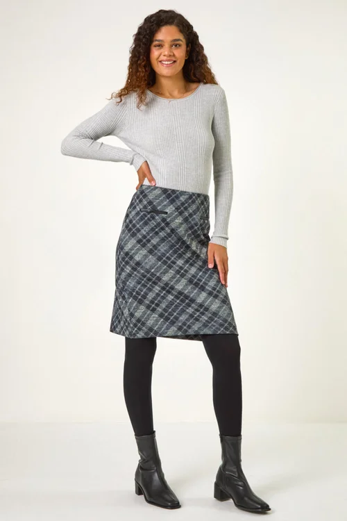 Roman Dark Grey Elastic Waist Check Print Pocket Pencil Skirt - Size 10 Image 3