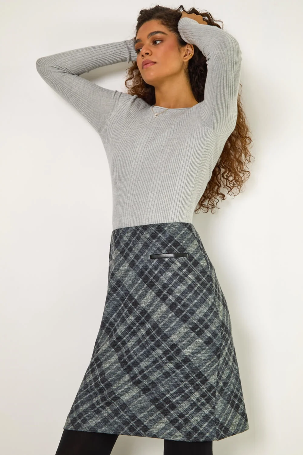 Roman Dark Grey Elastic Waist Check Print Pocket Pencil Skirt - Size 10 Image 2