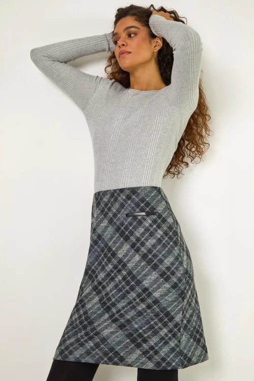 Roman Dark Grey Elastic Waist Check Print Pocket Pencil Skirt - Size 10 Image 2