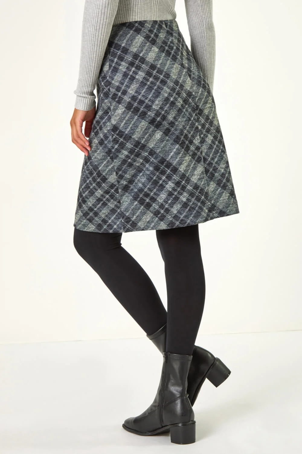 Roman Dark Grey Elastic Waist Check Print Pocket Pencil Skirt - Size 10 Image 4