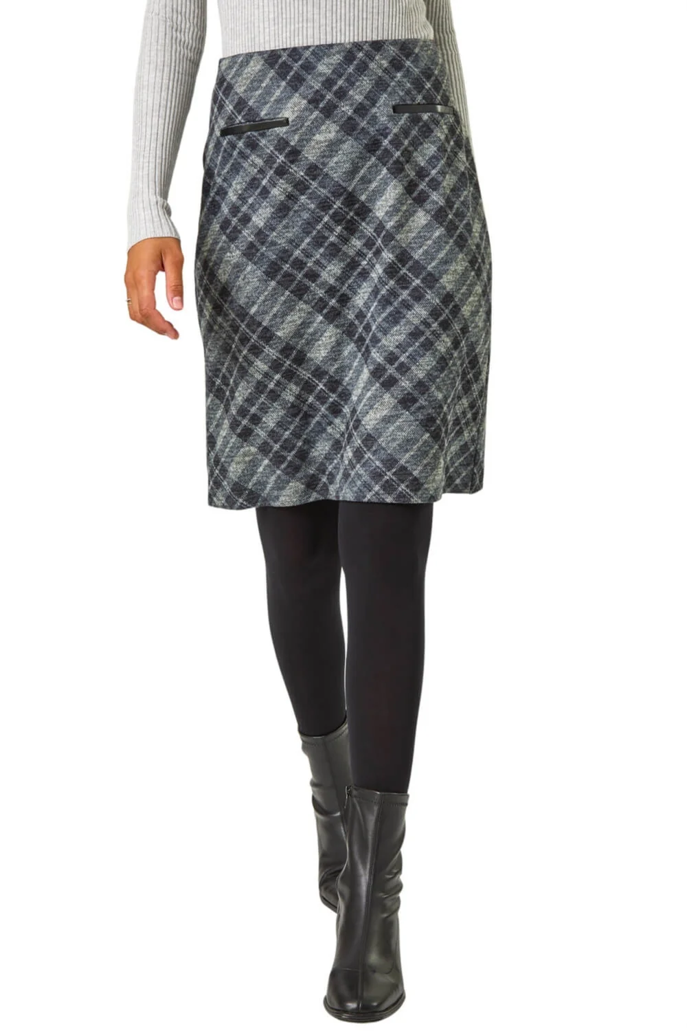 Roman Dark Grey Elastic Waist Check Print Pocket Pencil Skirt - Size 10 Image 1