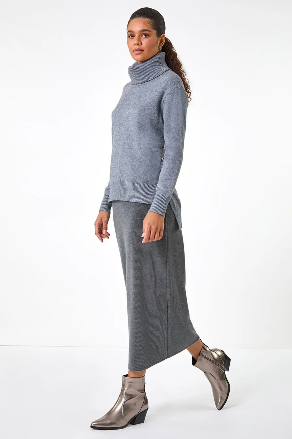 Roman Dark Grey Soft Touch Rib Midi Skirt - Size 10 Image 3