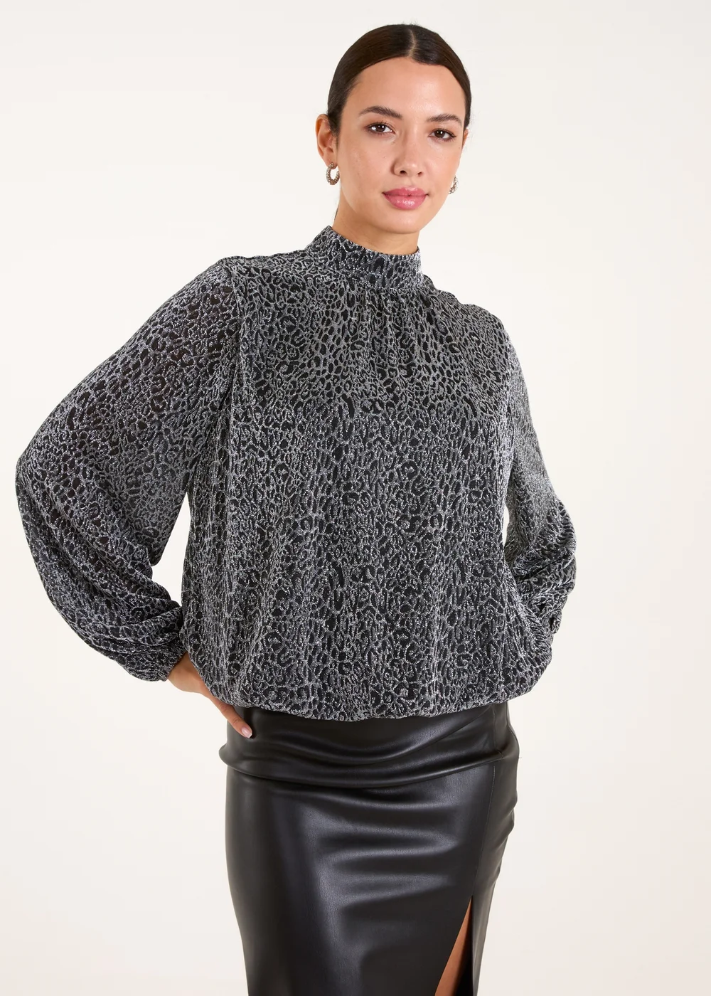 Blue Vanilla Silver High Neck Puffball Hem Blouse - M Image 2