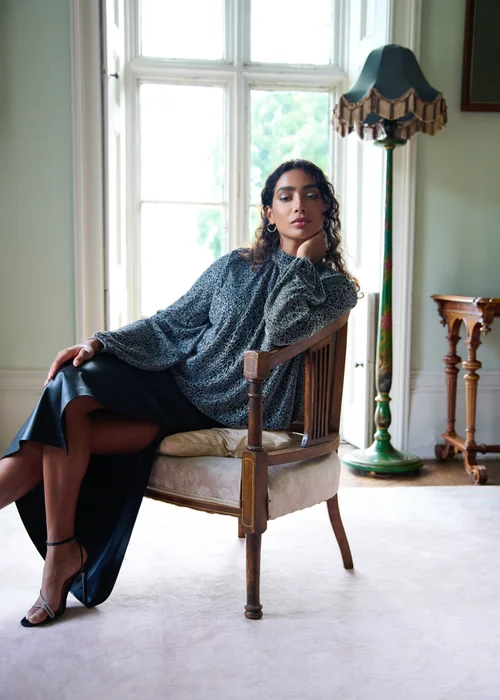 Blue Vanilla Silver High Neck Puffball Hem Blouse - M Image 1