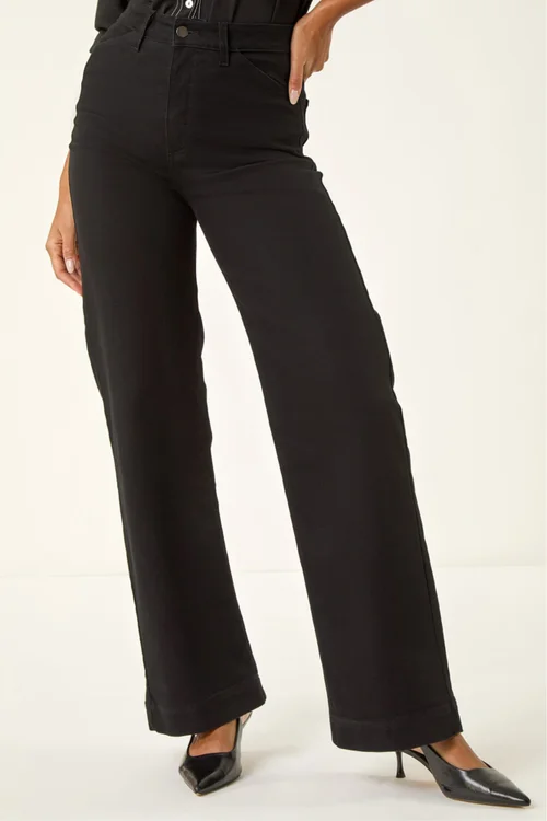 Roman Black Cotton Blend Wide Leg Stretch Jeans - 12 Image 4