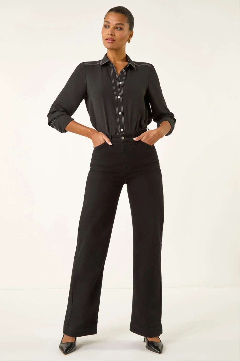 Roman Black Cotton Blend Wide Leg Stretch Jeans - 12 Image 1
