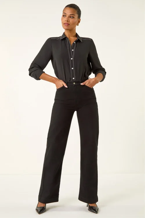 Roman Black Cotton Blend Wide Leg Stretch Jeans - 12 Image 1