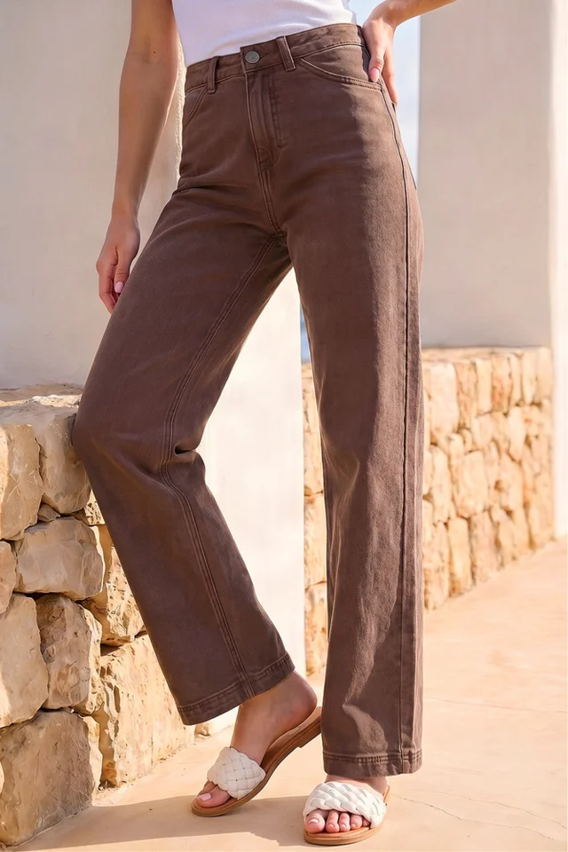 Roman Chocolate Cotton Blend Wide Leg Stretch Jeans