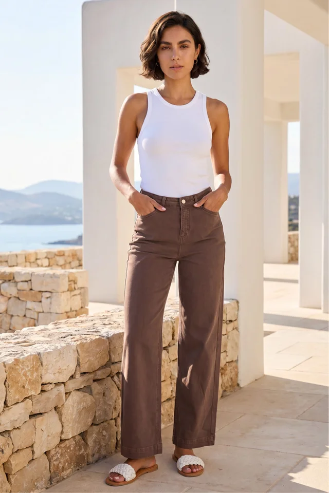 Roman Chocolate Cotton Blend Wide Leg Stretch Jeans
