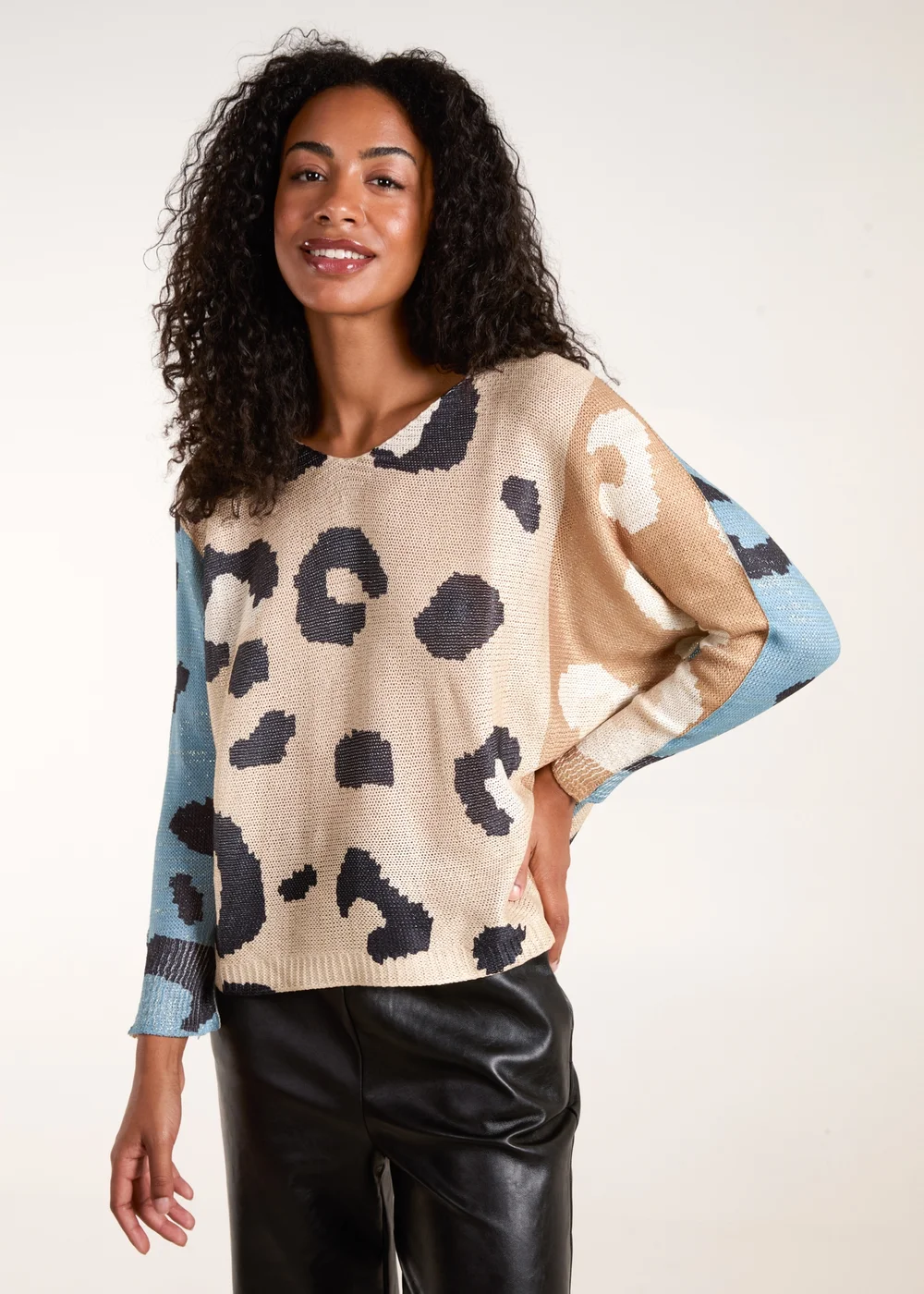 Blue Vanilla Brown Colour Block Leopard Fine Knit Jumper - One Size Image 1