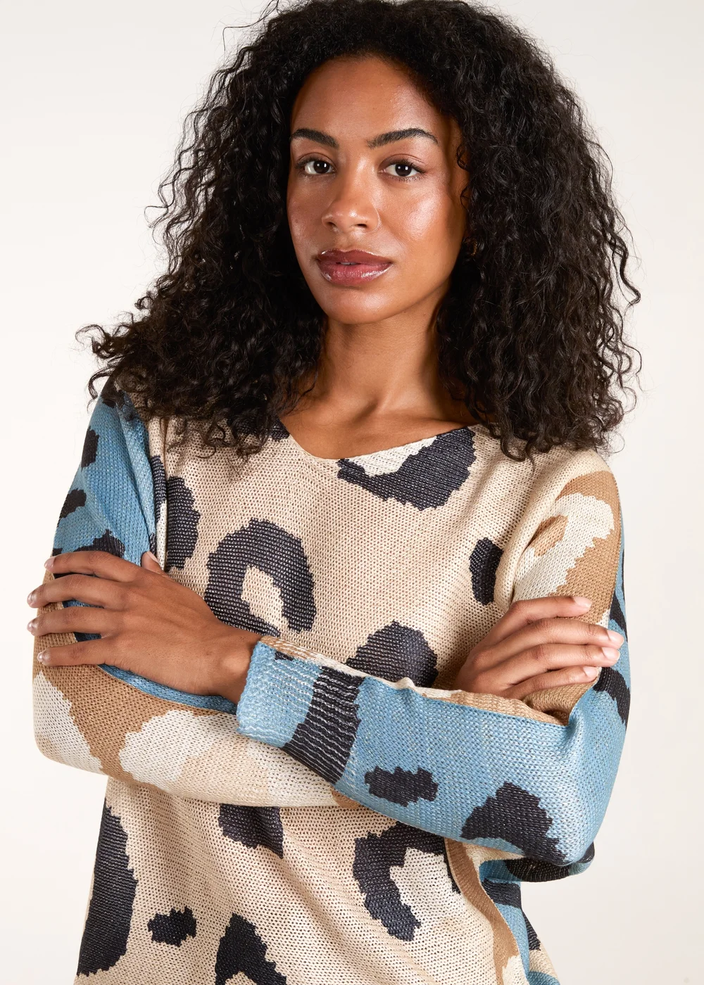 Blue Vanilla Brown Colour Block Leopard Fine Knit Jumper - One Size Image 3