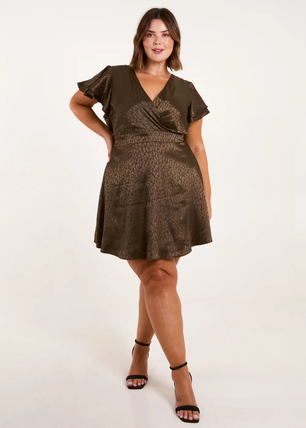 Blue Vanilla Khaki Curve Leopard Jacquard Frill Sleeve Mini Dress - 22-24 Image 4