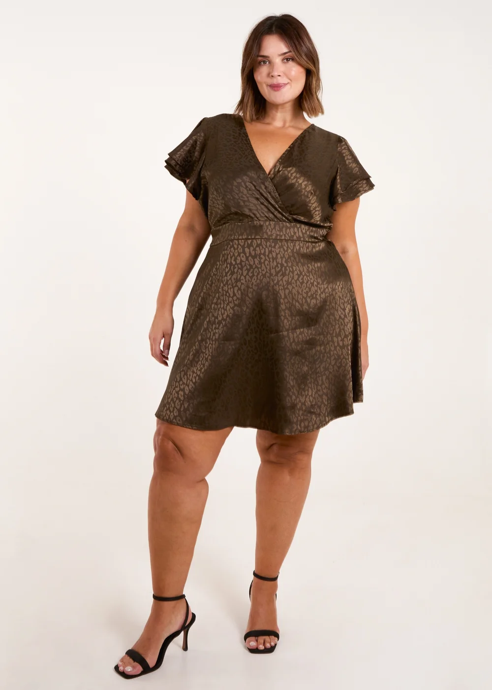 Blue Vanilla Khaki Curve Leopard Jacquard Frill Sleeve Mini Dress - 22-24 Image 1