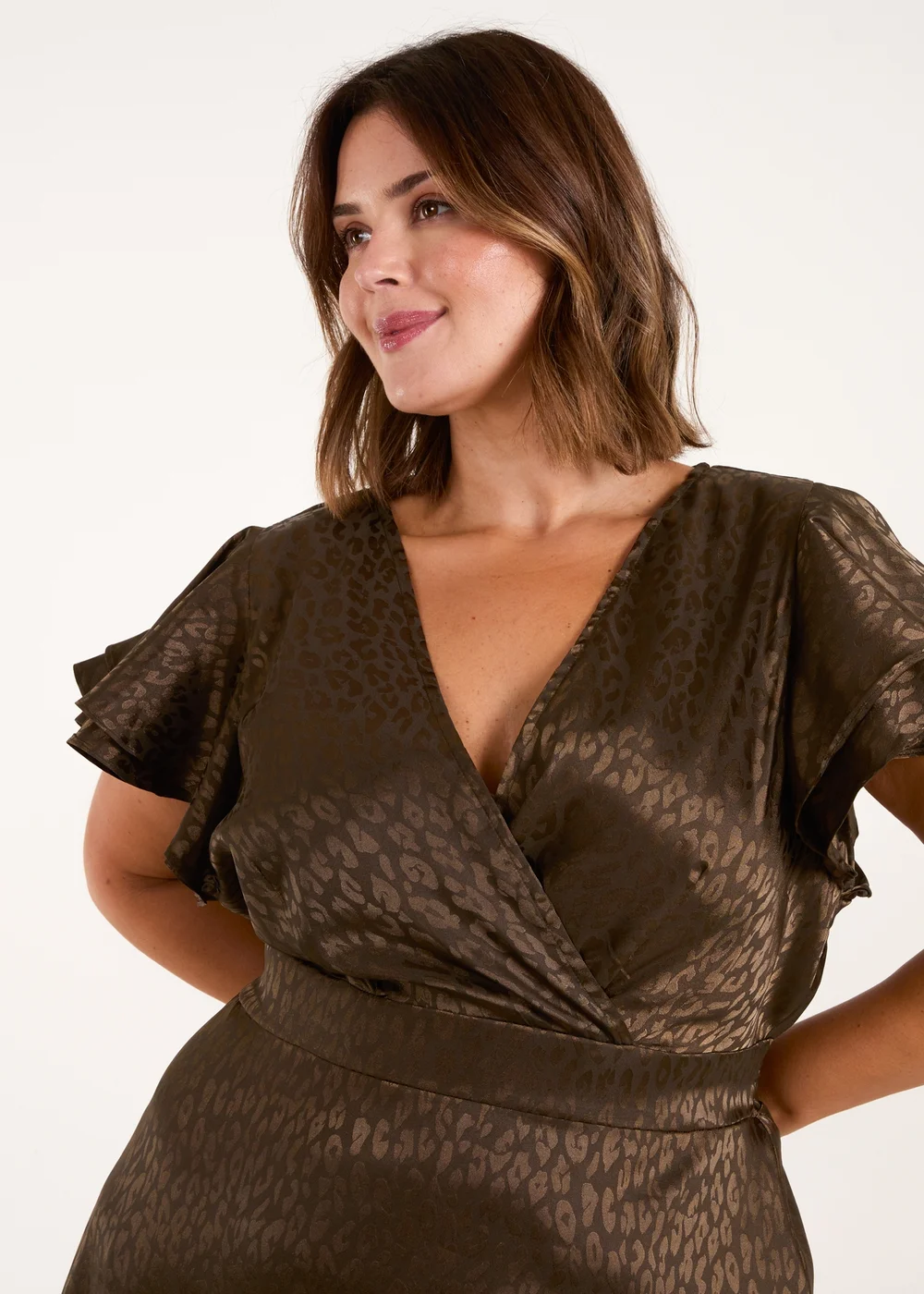 Blue Vanilla Khaki Curve Leopard Jacquard Frill Sleeve Mini Dress - 22-24 Image 3
