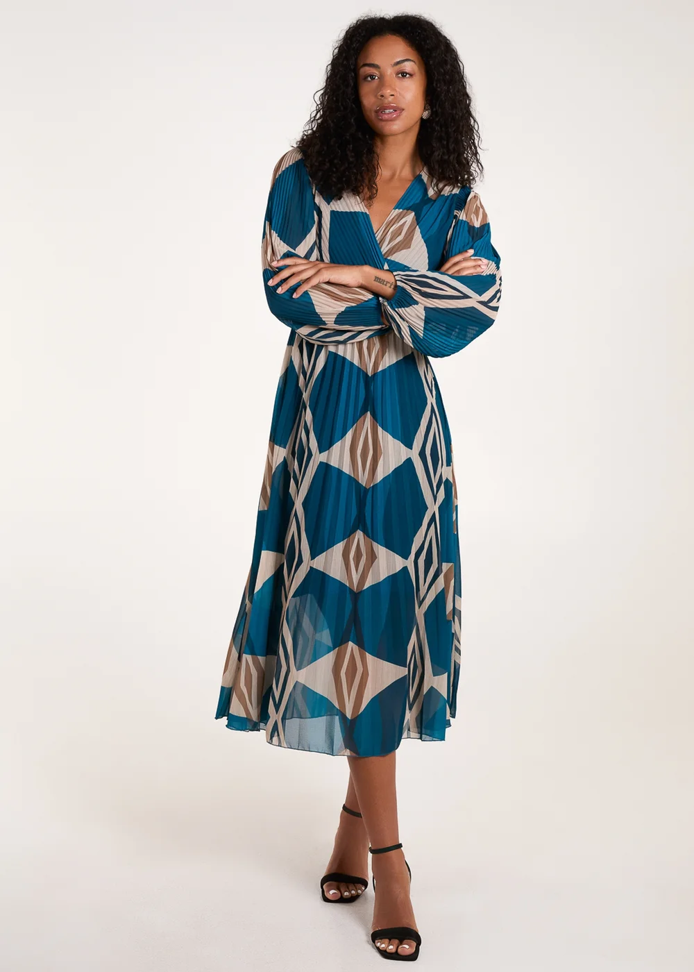 Blue Vanilla Teal Wrap Front Pleated Geometric Maxi Dress - S/M Image 1