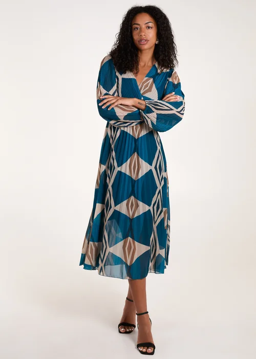 Blue Vanilla Teal Wrap Front Pleated Geometric Maxi Dress - S/M Image 1