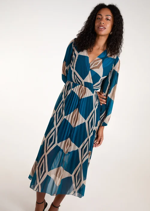 Blue Vanilla Teal Wrap Front Pleated Geometric Maxi Dress - S/M Image 4