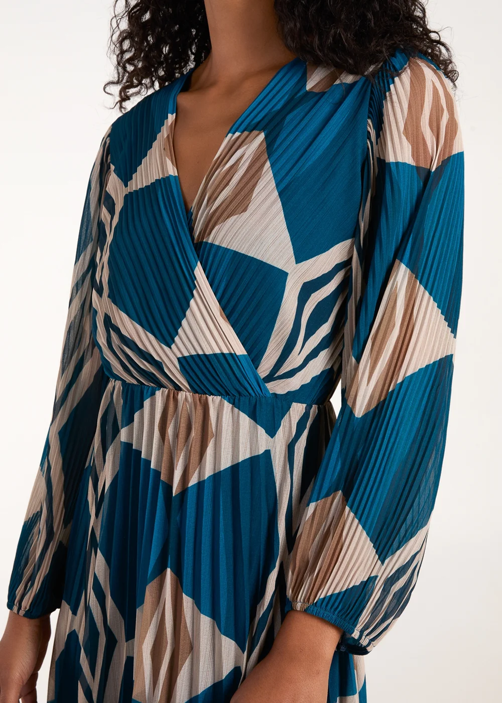 Blue Vanilla Teal Wrap Front Pleated Geometric Maxi Dress - S/M Image 3