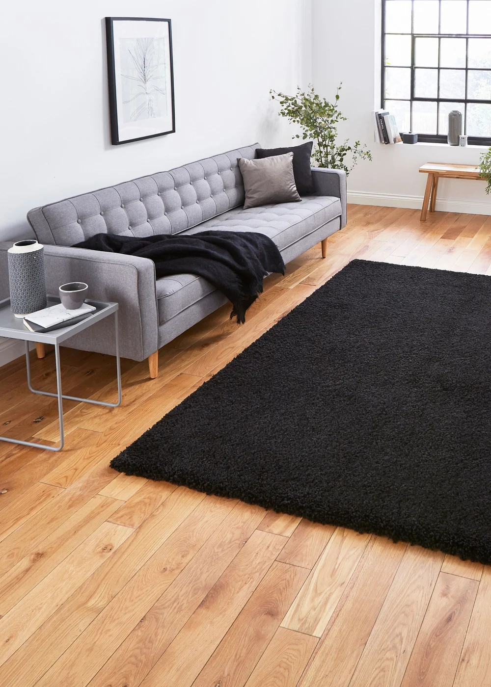 Think Rugs Sierra Black Plain Shaggy Rectangle Rug - 80 x 150 Image 1