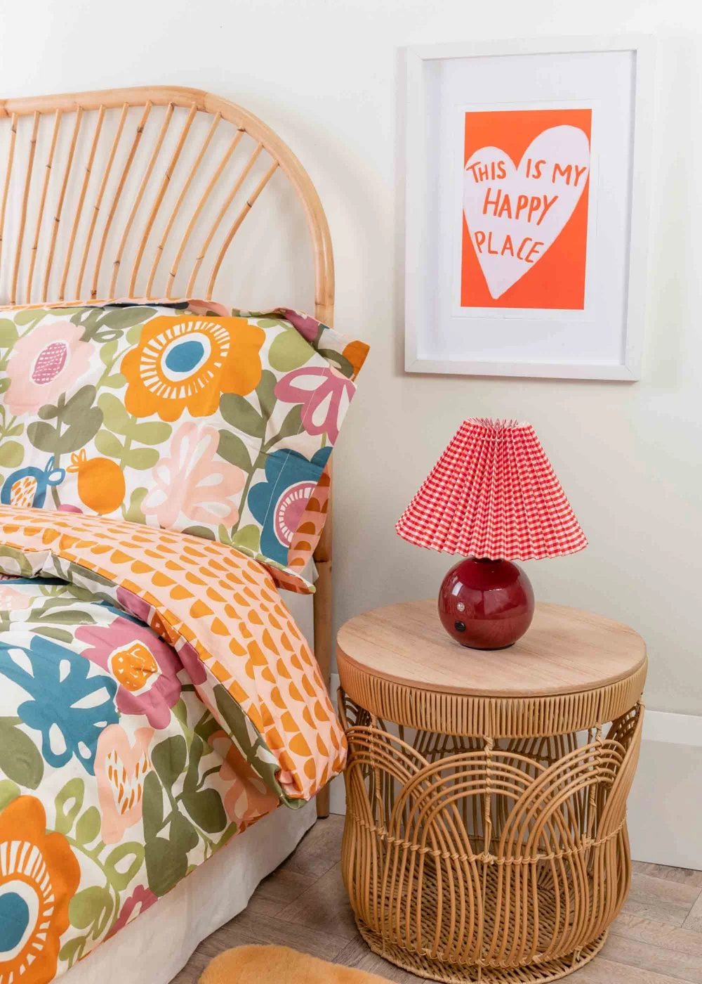 ValueLights Bloom Red Table Lamp with Multicolour Tapered Shade Integrated LED - One Size Image 1