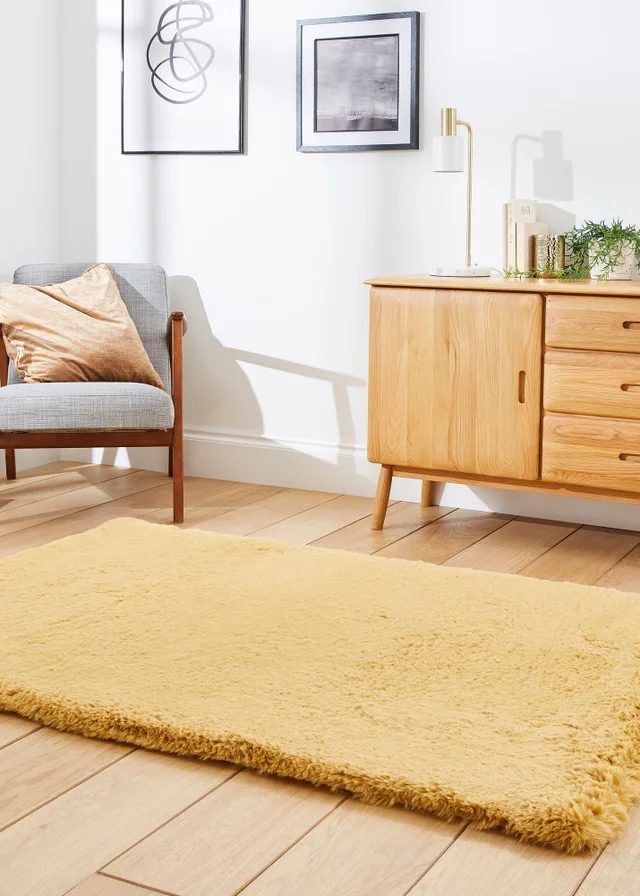 Think Rugs Super Teddy Mustard Plain Shaggy Rectangle Rug